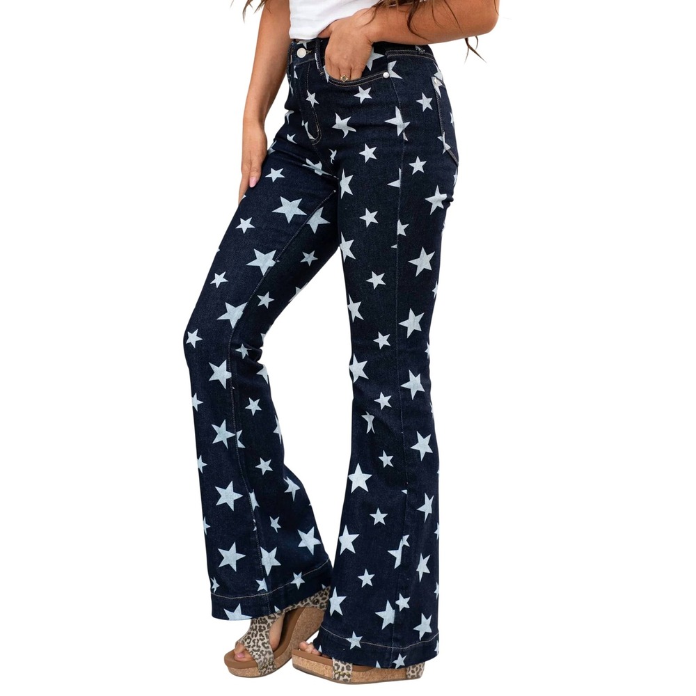 256. BNWT Judy Blue Denim Blue with White Stars Flare jeans Juniors7/28 Woman 10